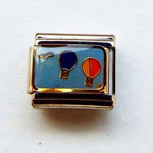 Hot air balloons on blue enamel 9mm stainless steel italian charm bracelet link